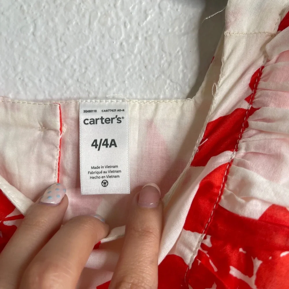 Carters Girls‎ Red White Floral Ruffle Sleeve Cotton Dress Size 4